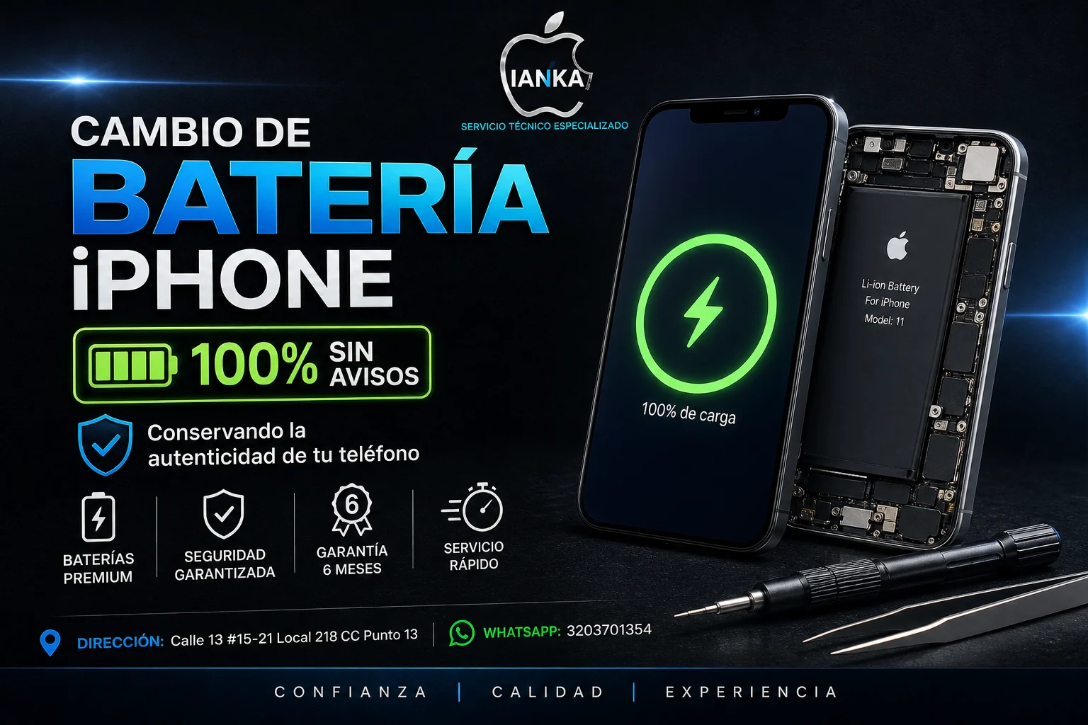 Cambio de batería de iPhone 100% sin avisos en Iankaphone, conservando la autenticidad del teléfono, con baterías premium y garantía de 6 meses