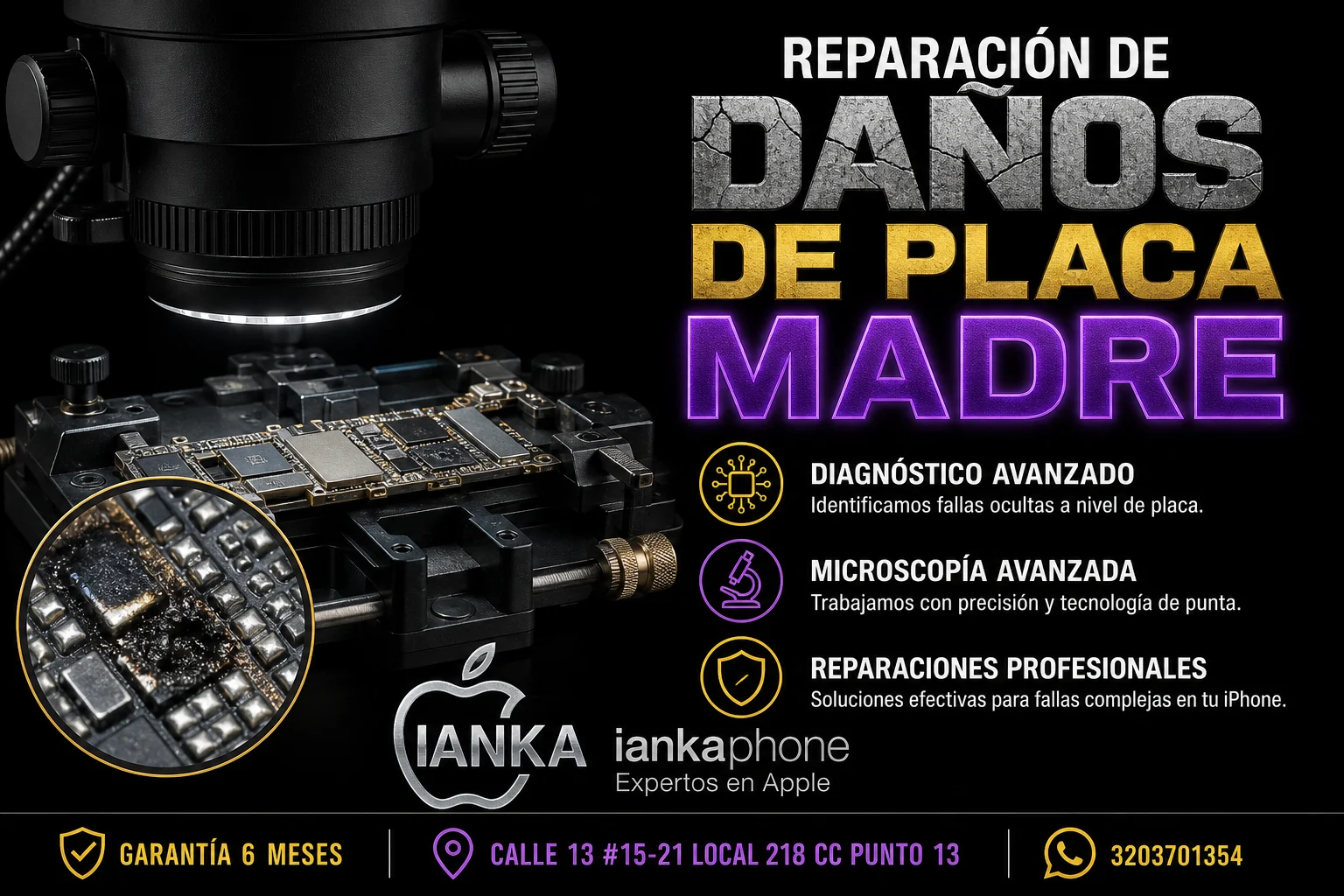 Reparación de placa madre de iPhone con microscopio en el taller de Iankaphone: diagnóstico avanzado, microscopía y reparaciones profesionales